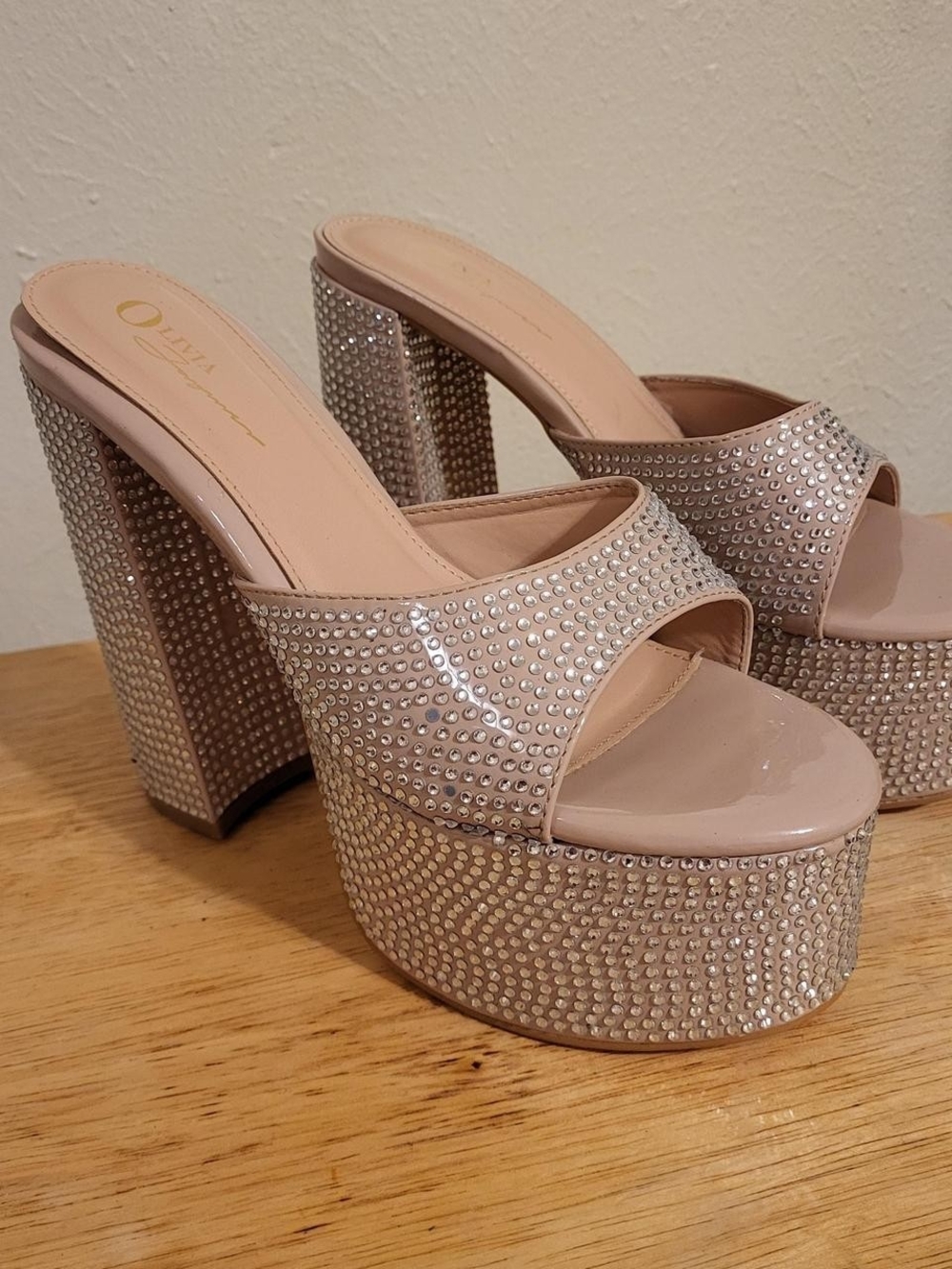 Platform Mule Heels with Crystal Embellishment - Nude